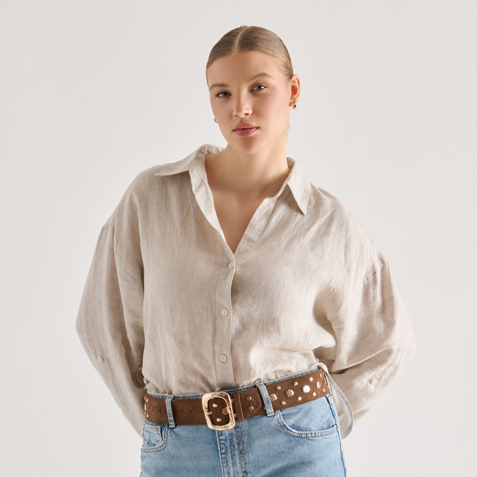 RECTANGLE BUCKLE STUDDED BELT BROWN - Image 4