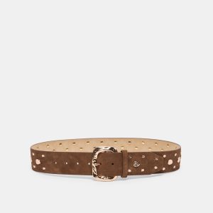 RECTANGLE BUCKLE STUDDED BELT BROWN