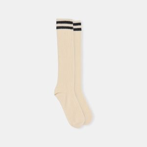 POINTELLE STRIPED KNEE HIGH SOCKS BLACK WHITE